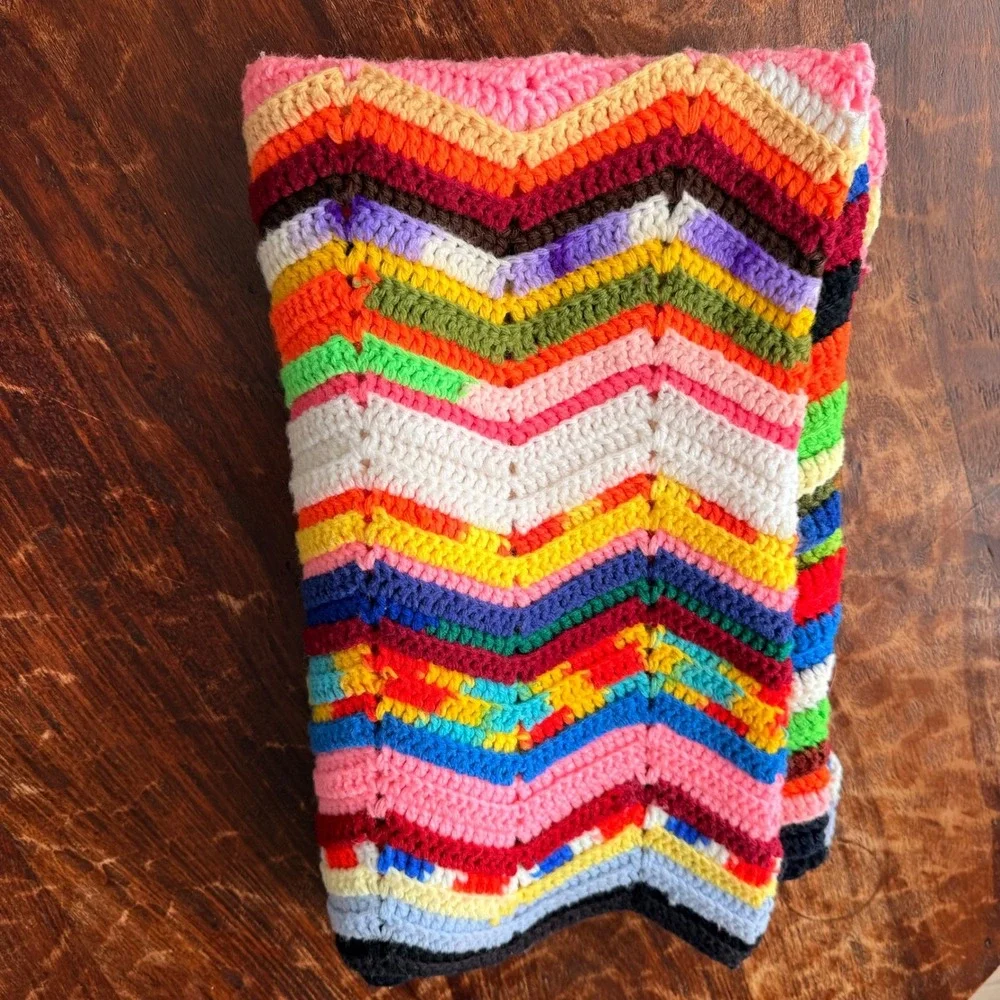 Handmade Afghan‎ Zigzag Crochet Chevron Blanket Multicolor Boho Cozy Throw
